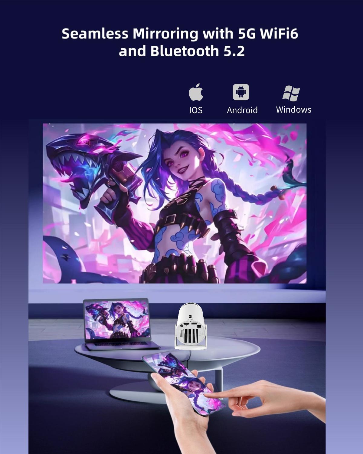 Amornee Mini Version:Mini Projector with Wifi and Bluetooth,Home Movie Projector for Bedroom Full HD 1080P Auto Keystone Correction, 35"-130" Screen, Compatible with Android/iOS/Windows/TV Stick/HDMI/USB