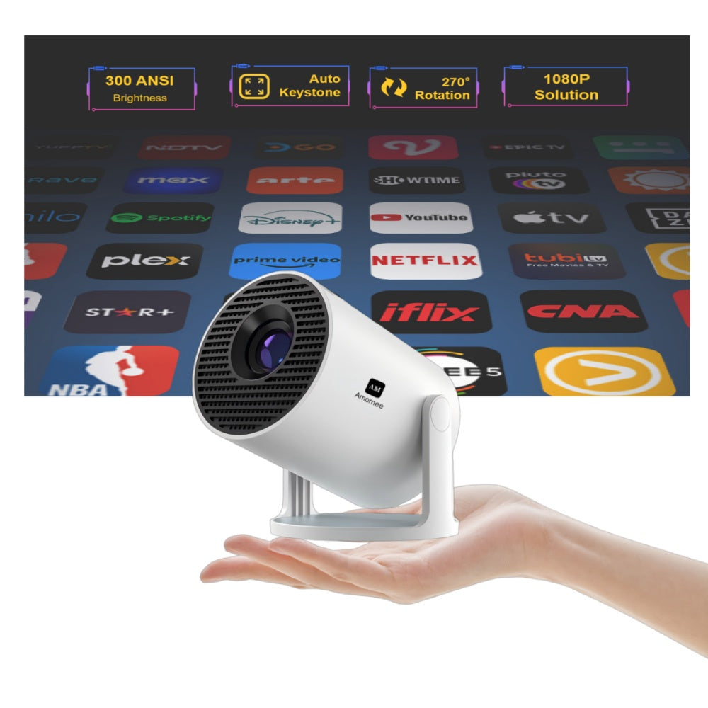 Amornee Mini Version:Mini Projector with Wifi and Bluetooth,Home Movie Projector for Bedroom Full HD 1080P Auto Keystone Correction, 35"-130" Screen, Compatible with Android/iOS/Windows/TV Stick/HDMI/USB